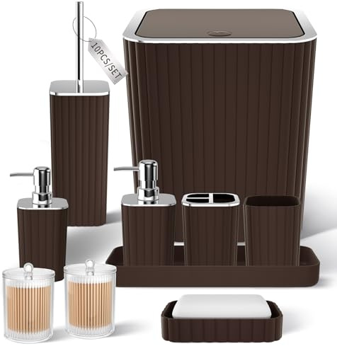 XLHOMO Bathroom Accessories Set - Gorgeous Bathroom Set, 10PC Brown Bathroom Accessories, Bathroom Accessory Set, Toilet Brush, Trash Can, Qtip Holder Dispenser & Soap Dispenser