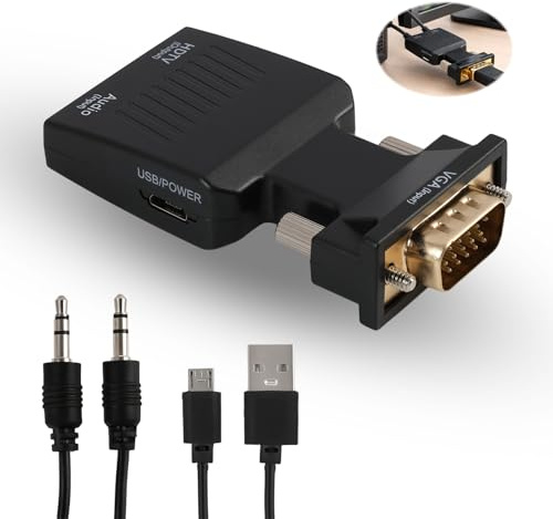 Adaptador VGA a HDMI con Audio, Convertidor VGA Macho a HDMI Hembra 1080P 60Hz, Conversor Activo para PC Portátil Antiguo a TV Monitor Proyector, con Cable Jack 3,5 mm y Alimentación USB