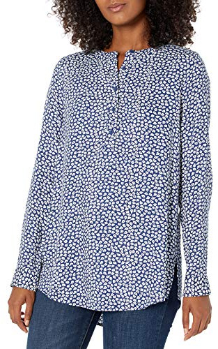 Amazon Essentials Women's Long-Sleeve Woven Blouse, Navy White Petals, L