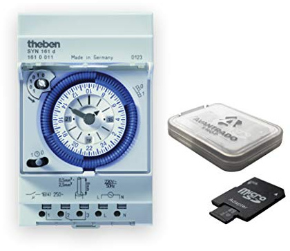 Theben 1610011 SYN 161d - analoge Zeitschaltuhr mit Synchronmotor und Tagesprogramm, Zeitschalter + 64GB Avantrado Micro SD Karte (Class 10, U3) + Adapter