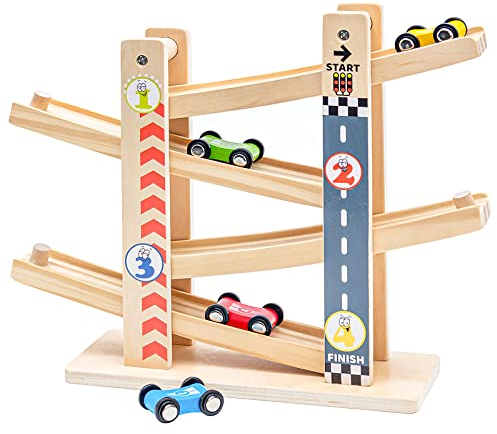 Nukdey Kugelbahn Autorennbahn Holz|Zick-Zack-Autorutsche|Kleinkindspielzeug Holzrennbahn mit 4 Holzautos für jährige Jungengeschenke 1-4