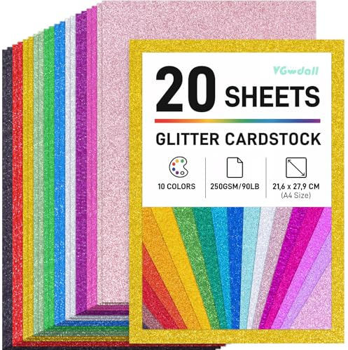 VGOODALL A4 Glitter Cardstock - 20 Sheets 10 Assorted Colours 250gsm Multi Colour Sparkle Paper for Card Making, Kids Crafts, Party Decor, Invitations, Gift Wrapping, Scrapbooking, DIY Projects