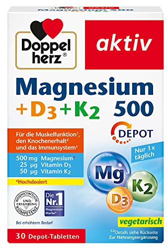 Doppelherz Magnesium 500 + D3 + K2 - Hochdosiertes Magnesium als Beitrag zur normalen Funktion der Muskeln und Nervensystems - 30 vegetarische Depot-Tabletten