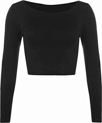 Womens Crop Long Sleeve T Shirt Ladies Short Plain Round Neck Top Ladies Fitness Workout Running T Shirts Plain Cropped Tops (Black UK 12-14)