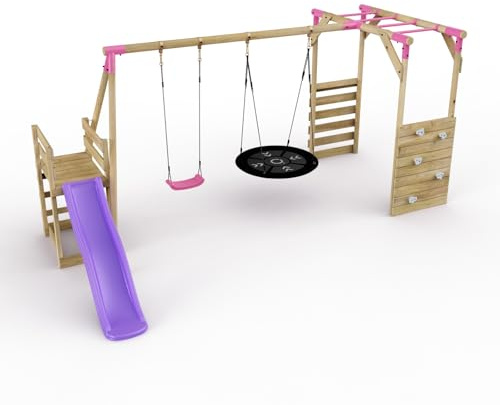 Rebo® Wooden Swing Set with Monkey Bars, Deck and 6ft Slide - Meteorite Pink | OutdoorToys | Kids' Outdoor Wooden Play Equipment for Gardens, Frame and Accessories Included, Weather Resistant