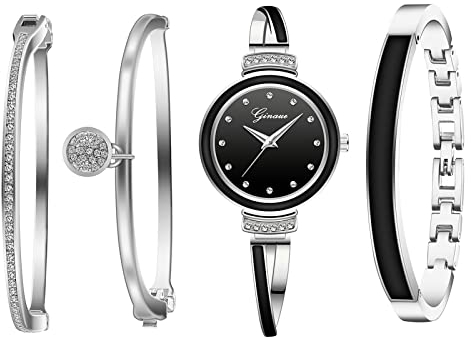 JewelryWe 4pcs Damenuhr Armreif Set Damen Strass Metallarmband Analog Quarz Uhr Kristall Armband Schmuckset Geschenke für Frauen, Silber Schwarz