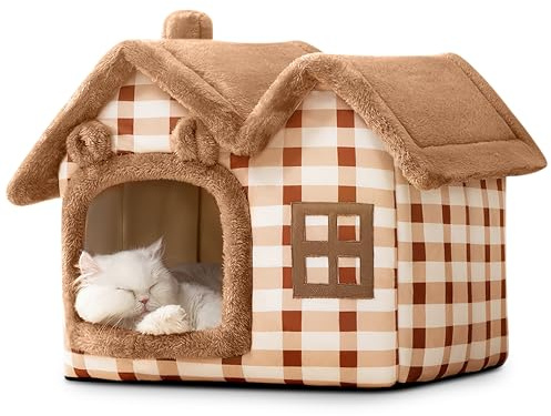 ALLSOPETS Cama para Perros Pequeños y Gatos, Casa para Gatos y Casa Perro Interior Plegable con Cojín Extraíble, Iglú Cálido y Lavable Tipo Cueva para Cachorros (Oso Marrón, M)