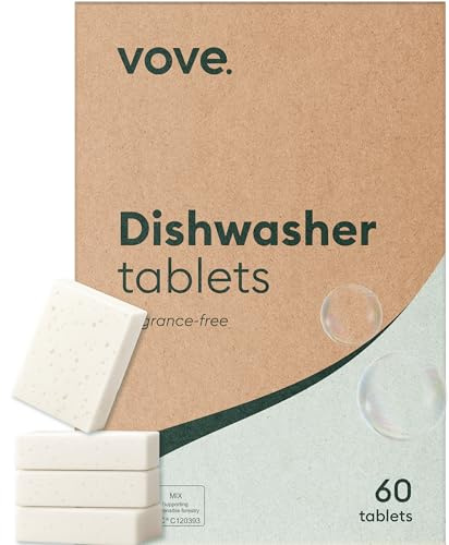 Vove Plastic-Free Dishwasher Tablets, 60 Pack - All-in-One Plant-Based Formula with 2x Enzyme Power - Tackles Stubborn Stains, No Pre-Rinse Needed, Biodegradable & Concentrated, Fragrance-Free