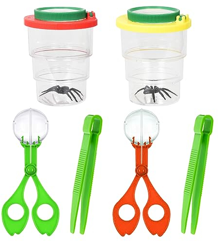 2 Stück Becherlupe Lupendose, Becherlupen Für Kinder Set Mit 3/5x Lupe, Plastik Pinzette, Insektenfänger-Scherenzange, Kinder Insekten Beobachtungsbox, Insekten Viewer für Kinder Natürliche Entdecken
