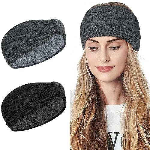 Kavya Stirnband Damen Winter, Stirnband Mädchen Strick - 2 Pcs Ohrenwärmer Damen Elastische - Stirnbänder Winter Gefüttert Haarband Headwrap Verdicken Kopfband (Dunkelgrau, Schwarz)
