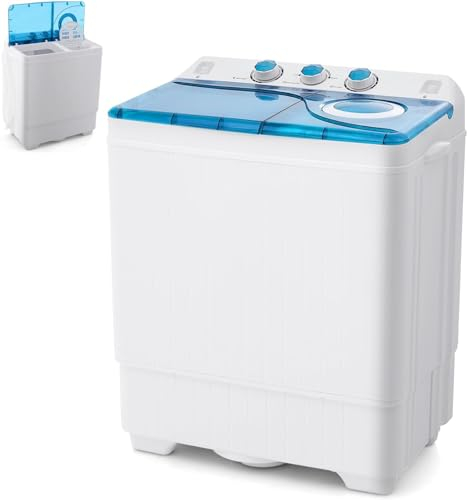 RELAX4LIFE Mini Machine à Laver à 2 Cuves Capacité 8,5 KG, Lave-Linge Semi-Automatique avec Minuteur & Essoreuse, Lave-Linge Portable Compact pour Appartement Dortoir Maison (Bleu | 8,5 KG)