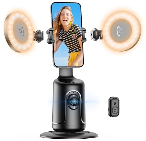 Auto Face Tracking Tripod mit 2 Selfie Licht, 360 ° Drehbar Handyhalterung für Smartphone, Smart Tracking Automatisch Gimbal Stabilisator for Vlog, Streaming, Video, Keine App, Gestensteuerung