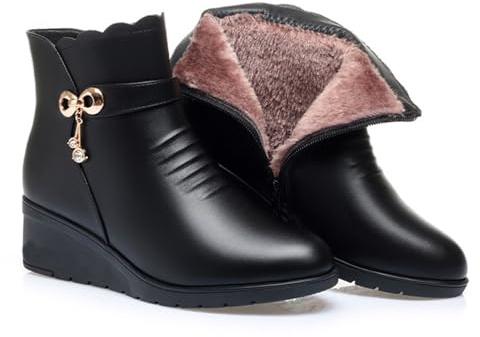 DEVILEYEZE Women's Winter Warm Platform Wedges Ankle Booties Soft Leather Platform Side Zipper Sparkling Rhinestones Fully Fur Lined Thickening Snow Boot (black,8.5,8.5,Women)