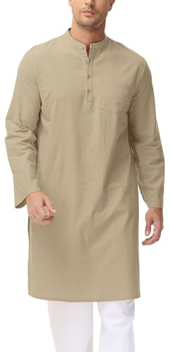 LVCBL Caftán Hombres Musulmanes Túnica Escote Manga Larga Botón Caftán Alto Tóbal M-3XL, caqui, L