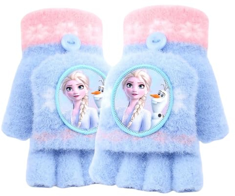 FEIFEI'S BOW Guanti senza dita con patta Elsa Spider, guanti invernali in maglia calda e morbida foderata, in pile termico, guanti a mezze dita con copertura convertibile, per bambini e ragazze,