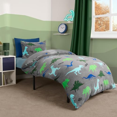 OHS Toddler Bedding Dinosaur Kids Duvet Set, Teddy Fleece Duvet Set Soft Comfy Warm Boys Bedding Cot Duvet Kids Bed Covers Set with Pillowcase, Grey