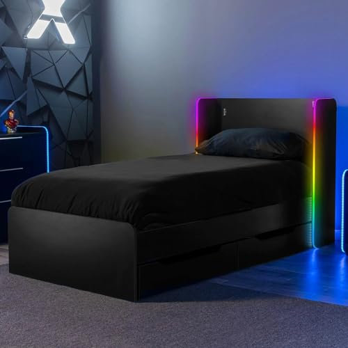X-Rocker Electra RGB Single Gaming Bed LED Lighting, App-Controlled Lights Neo Motion Sync, Single 3ft Bedstead Frame, Smooth Headboard 90x190cm, BLACK
