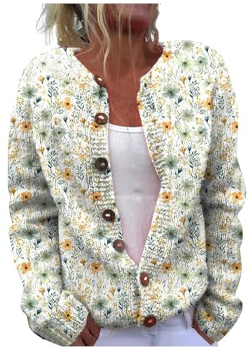 YIzdegg Ullkofta dam ull, oversize med knappar, cardigan, varm färgglad kofta, tryckt gosig jacka, tjocka varma omlottkoftor, ulljacka, stickad tröja Y2k, grovstickad tröja, Beige, XXL