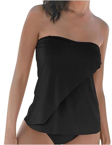 Wyongtao Tankini Damen Bandeau Bauchweg Bademode Set Zweiteilig Push up mit Einstellbarer Badeanzug Oberteil Bikini Set Große Größen Strand Schwimmanzug Damen Tankini Sets Bauchweg Bademode Set