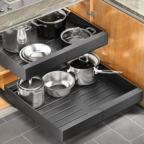 2 Pack Pull out Cabinet Organizer, Expandable(12-20) Heavy Duty Slide out Drawer Fixed with Adhesive Nano Film for Pots, Roll out Shelf Storage for Kitchen Organization, Pantry, Bathroom(Black)