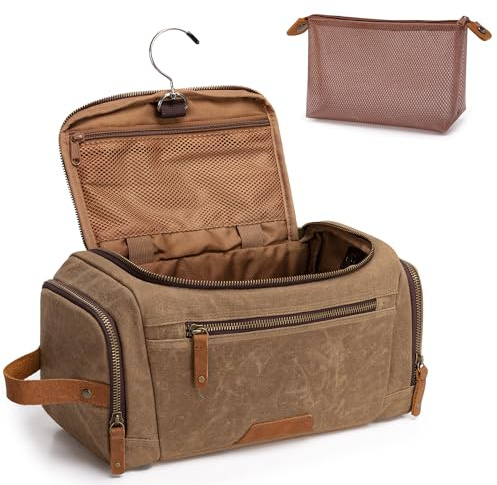 YARWO Hanging Toiletry Bag for Men, Large Waxed Canvas Men Wash Bag with Detachable Zipper Pouch, Water-Resistant Shaving Storage Bag for Razor, Shower Essentials, Travel Toiletries
