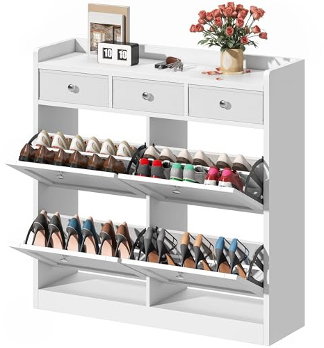 DWVO Shoe Cabinet with 4 Flip Drawers, Narrow Shoe Storage cabinet with 3 Drawers and Adjustable Shelves for Hallway, Entryway, Corridor, Small Spaces, Wooden Cupboard, white 100 x 25 x 99.5cm