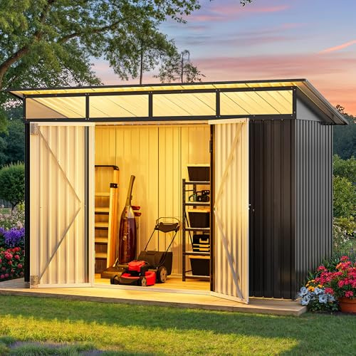 DWVO 9x4 FT Outdoor Storage Shed with Acrylic Windows, Utility Tool Shed Metal Storage Garden Shed with Door & Lock for Bike Storage, Waterproof Trash Shed for Backyard Garden Patio, Dark Dray