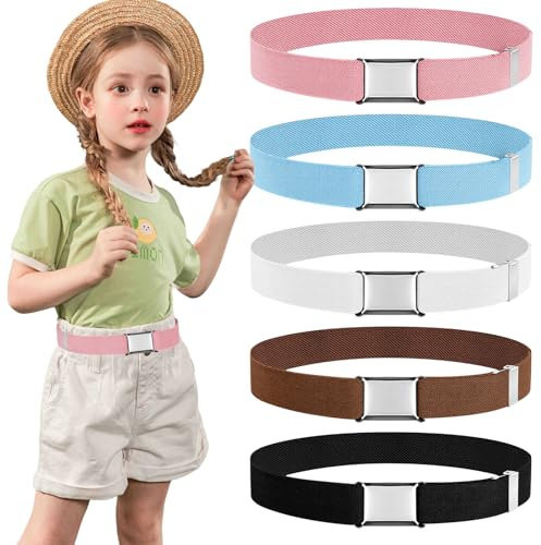 Furuising 5 Pcs Elastic Belt for Children, Adjustable Kids Belt with Square Buckle for Boys and Girls, Age 3-12 Children's Belt for Jeans, Pants, Trousers and Dresses (Black, Brown, Blue, Pink, White)