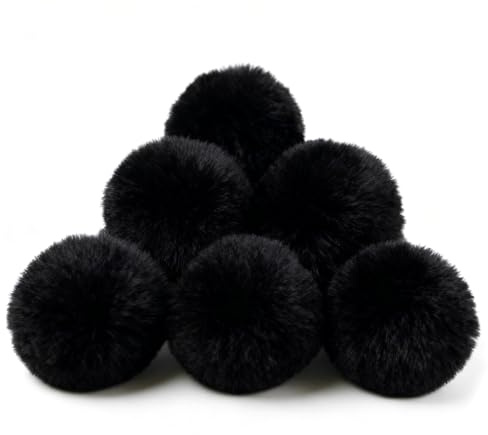 6 PCS Pompone, 7cm Esponjoso Pompones, Pompone Decoracion, Pompones de Árbol De Navidad, Pompón de Piel Sintética para Bricolaje Árboles de Navidad, Coronas, Sombreros, Bufandas, Llaveros (Negro)