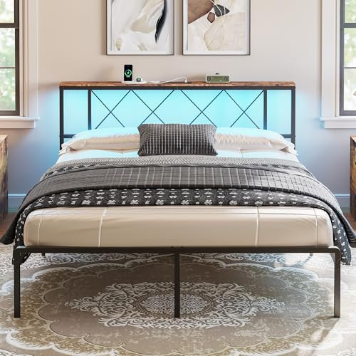 IRONCK King Size Bed Frame, Headboard with Charging Station/LED Lights, 5ft Metal Bed Frame with Storage, Solid and Stable, Noise Free, No Box Spring Required, Easy Assembly