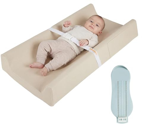 Anti-Roll Baby Changing Mat, 80 * 40 CM Nappy Changing Mat with Waterproof and Soft PU Cover, Anti-Slip Wedge Changing Pad with Safety Belt, Easy to Clean & Fits Most Tables, Beige