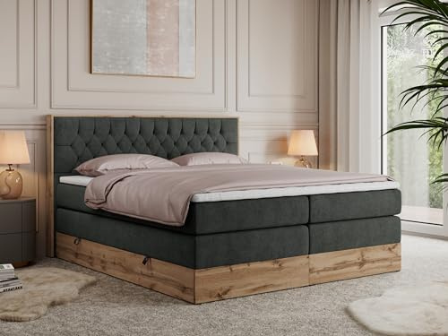 MKS MEBLE King Boxspringbett 200x200 mit Bettkasten und Kopfteil, Bonell Polsterbett mit Matratze H4 und Topper Visco, Bett mit Holzrahmen in Wotan Eiche - Dunkelgrau Struktur - Amore King