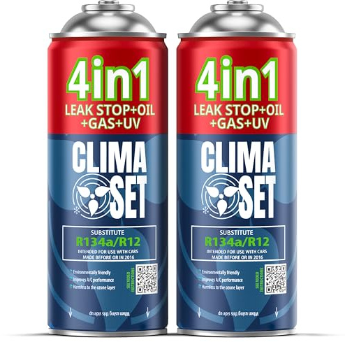 CLIMASET - 2x 4-I-1 Luftkonditionering Påfyllningsgas R134a, Olja, Läckagetätningsmedel Med UV-Färg - AC-Gaspåfyllnings- och Läckagedetekteringssats - Påfyllningssats för Bilens Luftkonditionering