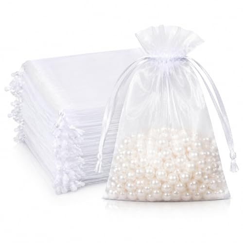 Admygo White Organza Gift Bags, 10×15 cm Clear Mesh Pouches, Jewellery Bags, Candy Mesh Pouches with Drawstring for Wedding Favours, Christmas, Birthday, Anniversary, Party Supplies (50)