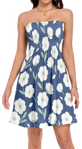 Wudan Bandeau-klänning, daglig pendling, elastisk smockad A-linje-klänning för dagliga klädälskare, Marinblå vit blommig, XL