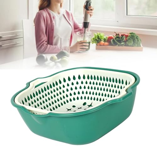 Yosoo Health Gear Scolapasta da Scodella in Plastica a Doppio Strato con Cestello di Scarico 2 Dimensioni per Lavare Frutta e Verdura Drenaggio Rapido Salvaspazio per la Domestica (Bianco verde medio)