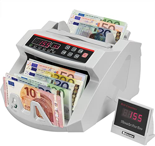 OIdFe Professioneller Euro-Banknotenzähler, UV-MG-Fälschungs-Fälschungsprüfer, Geschwindigkeit > 1000 Stück/min, tragbarer Sortierer, Banknotenzähler mit Display Bank Weiß