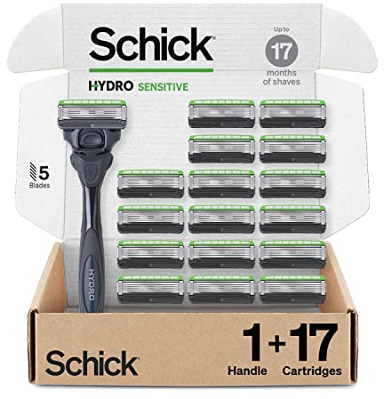 Schick Hydro Sensitive Razors for Men | 5-Blade Mens Razors for Shaving, 1 Mens Razor Handle with 17 Razor Blades Refills