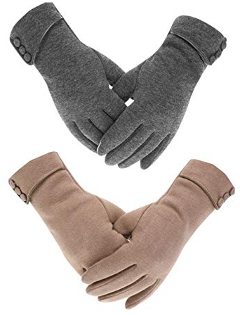 LAMA 2 Paar Damen WinterHandschuhe Warme Plüschfutterung Touchscreen-Handschuhe Winddicht für Frauen und Mädchen Grau + Khaki