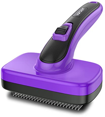 WOPQAEM Hundebürste für Hunde und Katzen, selbstreinigend, Katzenbürste für Unterwolle und loses Fell, ideal für Lang- und Kurzhaar, sanft zur Haut, reduziert Haaren, Fellpflege Bürste, Lila