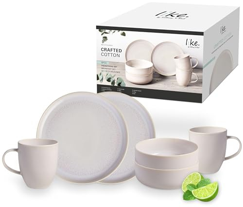 like. by Villeroy & Boch – Crafted Cotton Frühstücks-Set 6 teilig Weiß, Spülmaschinenfest, Mikrowellensicher, Geschirr Set, Geschirrset, Service mit Frühstückstellern, Pottery-Look, Premium Porzellan