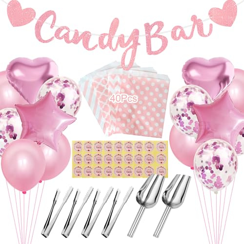 Juego de 69 accesorios para barra de caramelos, palas de hielo, pinzas de azúcar, guirnaldas, globos para caramelos, bares, bodas, cumpleaños, fiestas (rosa)