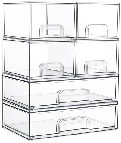 Vtopmart Stackable Storage Drawers Set of 6, Clear Plastic Organizer Bins for Bathroom Supplies, Ideal for Cabinet,Shelf, Pantry, Laundry Room Organization