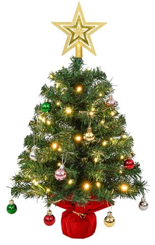 AGM 60 cm liten julgran med ljus, 60 cm bordsskiva mini julgran med träddekoration stjärna och minikulor för jul hem kök matbord dekor