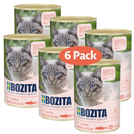 Bozita Paté au Saumon sans céréales - 6 x 400 g de Nourriture Humide pour Chats et Chatons - Aliment Complet avec 9,5% de protéines et 5% de matières Grasses - Ingrédients naturels de qualité