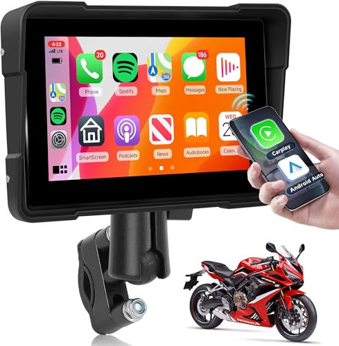 Rimoody Wireless Carplay Schermo per Moto Wireless Carplay e Android Auto Display per Moto, 5 Pollici Portatile Autoradio per Moto con Airplay/Android Cast/Dual Bluetooth/Navigazione/IP67 Impermeabile