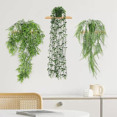 3 PCS Plantas Artificiales Colgantes con Maceta, Falsa Planta Colgante Vertical Decorativas, Decorativas Hanging Plants, Plástico Planta de Helechos Decoración Pared Terraza Jardín (Eucalipto largo)