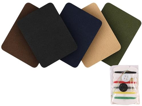 WOLMIK 5 Stück Flicken zum Aufbügeln mit Nähset, Stoff-Reparaturflicken Bügelflicken zum Aufbügeln für Kleidung Reparaturflicken zum Aufbügeln für Kleidung Jeans (Schwarz, Braun, Grün, Navy, Beige)