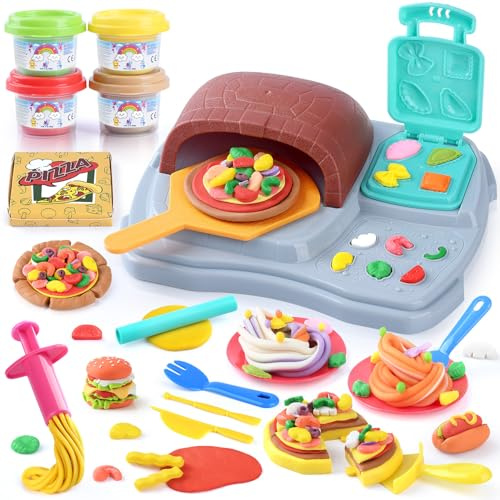 PLAY Pizza Knete Set Zubehör Kitchen Creations, DIY Knete Pizzaofen, Kinderknete Set mit Knetwerkzeug, Geschirr, Nudelmaschine & 4 Dosen Knetmasse, Pizza Spielzeug Geschenk Mädchen & Junge 3 Jahre