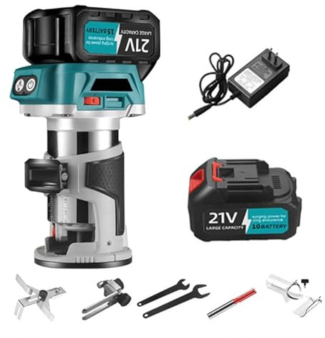 Akku Oberfräse Kompatibel mit für Makita 18V Akku, Akku Kantenfräser mit 1 Batterien, Akku-Kantenfräse mit 6 Geschwindigkeit, 30000 U/min, Bürstenloser Kantenfräser für die Holzbearbeitung